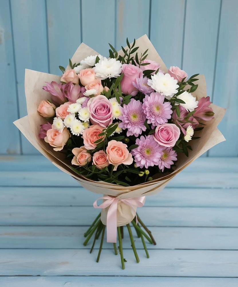 Букет цветов из: Хризантемы, Розы и Альстромерии в Обливской