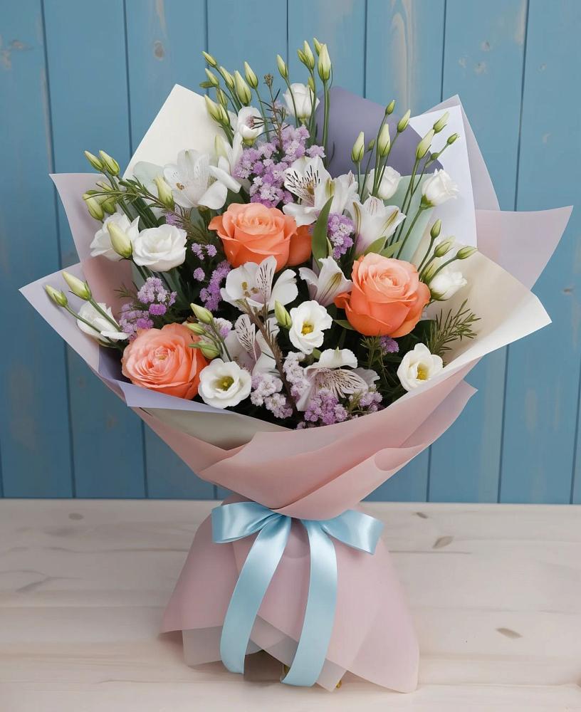 Букет цветов из: Лизиантусы, Розы, Альстромерии и Гипсофила в Обливской