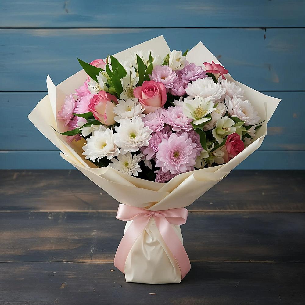 Букет цветов из: Хризантемы, Альстромерии и Розы в Обливской